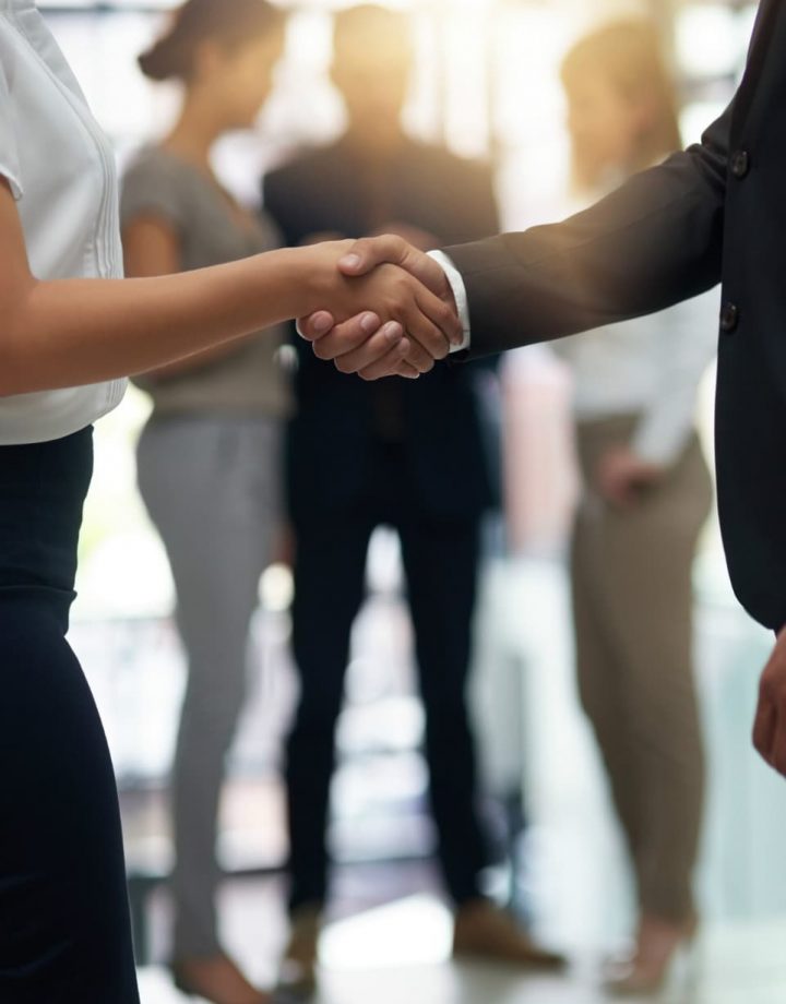 male and female business people shaking hands in networking setting